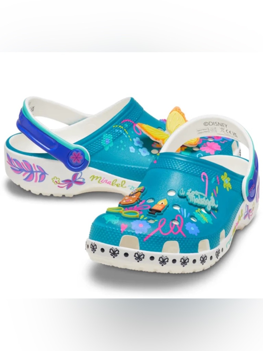CROCS Kids Girl Teal Floral Disney Mirabel Clogs with Blue Strap NWT Box